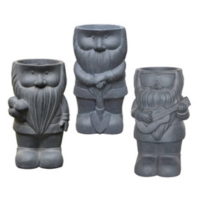 Set of 3 IDEALIST Garden Gnome Outdoor Pots L23 W21 H39 cm, 7L: Gnome with a Shovel , with a Guitar and Gnome with Mushrooms