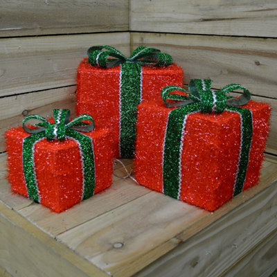 Set of 3 Indoor LED Gift Red Boxes / Green Bow with Warm White Lights ...