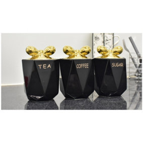 Set of 3 Jars Gold Lid Knot Kitchen Canister Tea Coffee Sugar Black