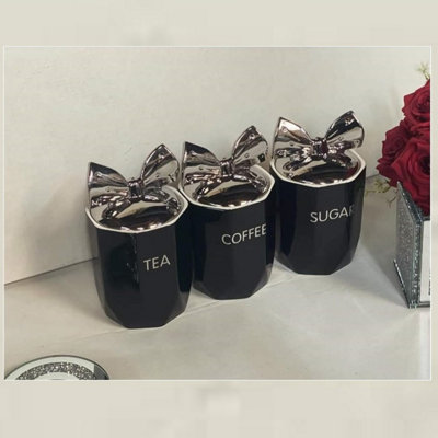 Set Of 3 Jars Silver Bow Lid Canister Tea Coffee Sugar Marble Effect Black