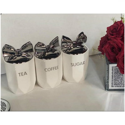 Set Of 3 Jars Silver Bow Lid Canister Tea Coffee Sugar Marble Effect White