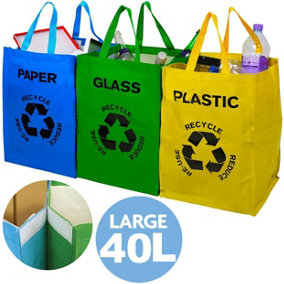 Set of 3 Large Recycling Bags Bin 40L - Paper Glass Plastic Waste Bin Bag Sack