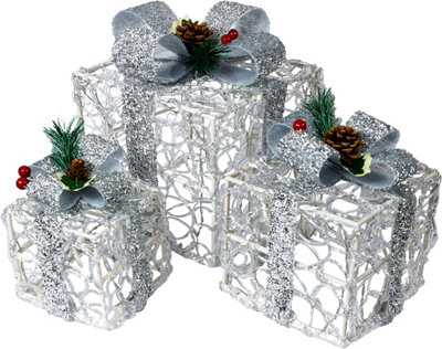 Set of 3 LED Festive Silver Light Up Indoor/Outdoor Christmas Boxes Battery Operated With Timer, 8 Patterns and 60 LED's