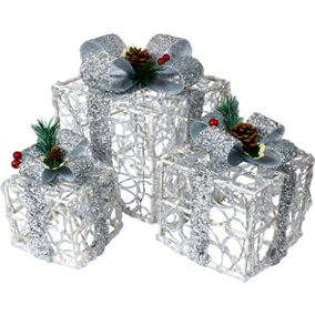 Set of 3 LED Festive Silver Light Up Indoor/Outdoor Christmas Boxes Battery Operated With Timer, 8 Patterns and 60 LED's