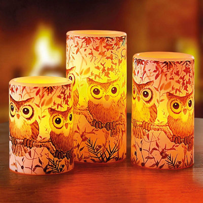 Set of 3 LED Flickering Owl Candles, Real Wax, Embossed Design, Battery ...