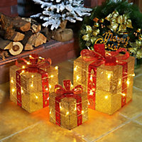 Set of 3 LED Light Up Christmas Gift Box Glitter Party Xmas Tree Decor Parcel Presents Set with Bow Gold