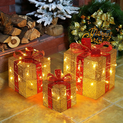 Set of 3 LED Light Up Christmas Gift Box Glitter Party Xmas Tree Decor Parcel Presents Set with Bow Gold Price Comparisons | Compare The Build
