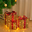 Set of 3 LED Light Up Christmas Gift Box Glitter Party Xmas Tree Decor Parcel Presents Set with Bow Gold
