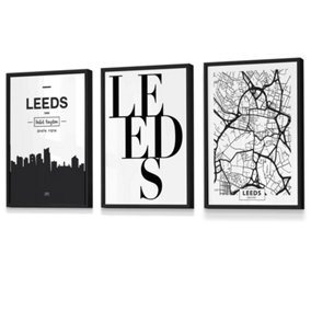 Set of 3 LEEDS Skyline Street Map City Prints Wall Art Prints / 30x42cm (A3) / Black Frame