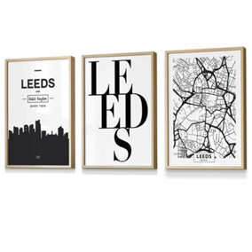 Set of 3 LEEDS Skyline Street Map City Prints Wall Art Prints / 30x42cm (A3) / Oak Frame