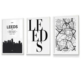 Set of 3 LEEDS Skyline Street Map City Prints Wall Art Prints / 30x42cm (A3) / White Frame