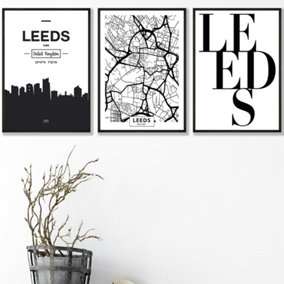 Set of 3 LEEDS Skyline Street Map City Prints Wall Art Prints / 42x59cm (A2) / Black Frame