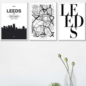 Set of 3 LEEDS Skyline Street Map City Prints Wall Art Prints / 42x59cm (A2) / White Frame