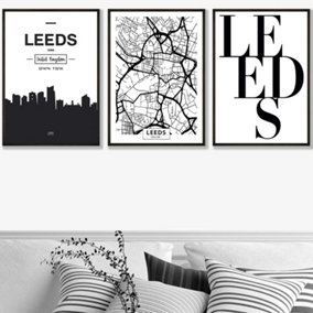 Set of 3 LEEDS Skyline Street Map City Prints Wall Art Prints / 50x70cm / Black Frame