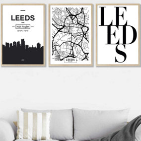 Set of 3 LEEDS Skyline Street Map City Prints Wall Art Prints / 50x70cm / Oak Frame