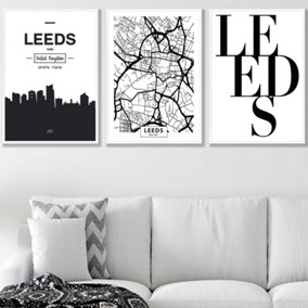 Set of 3 LEEDS Skyline Street Map City Prints Wall Art Prints / 50x70cm / White Frame
