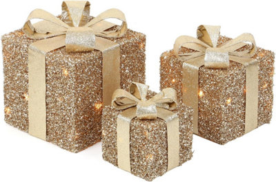 Set of 3 Light-Up Christmas Gift Boxes with 50 Warm White LED Lights Battery-Powered Xmas Champagne Gold Glitter with Gold Ribbon
