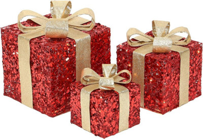 Set of 3 Light-Up Christmas Gift Boxes with 50 Warm White LED Lights Battery-Powered Xmas Decor Red Glitter with Gold Ribbon