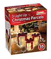 Set of 3 Light Up Christmas Present Parcels Decorations for Under the Tree - Ice White with Red