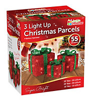 Set of 3 Light Up Christmas Present Parcels Decorations for Under the Tree - Red and Green
