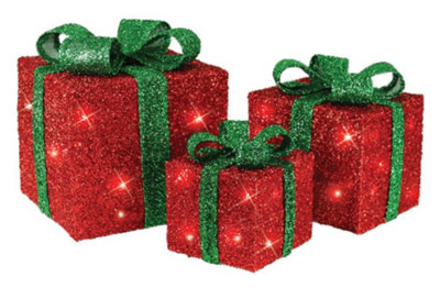 Set of 3 Light Up Christmas Present Parcels Decorations for Under the Tree - Red and Green