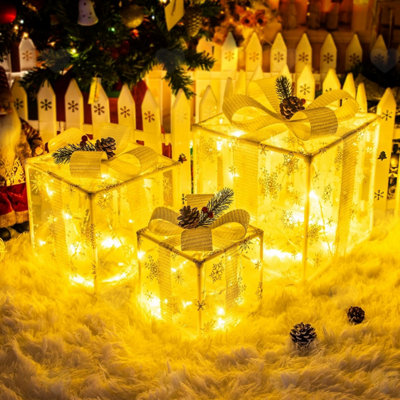 Set of 3 Light Up Gift Boxes, Battery Powered Holiday Present Box Decor ...