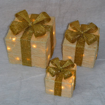 Set of 3 Light Up Light up Gift Boxes / Presents with Gold Bows Cream