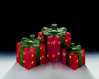 Set of 3 Light Up Light up Gift Boxes / Presents with Green Bows - Red Parcels