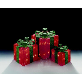 Set of 3 Light Up Light up Gift Boxes / Presents with Green Bows - Red Parcels