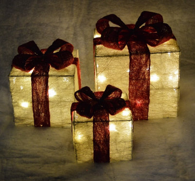 Set of 3 Light Up Light up Gift Boxes / Presents with Red Bows - White Parcels