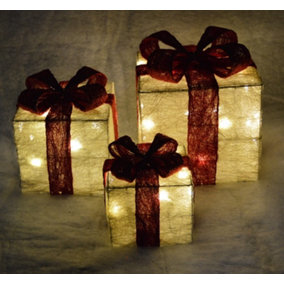 Set of 3 Light Up Light up Gift Boxes / Presents with Red Bows - White Parcels