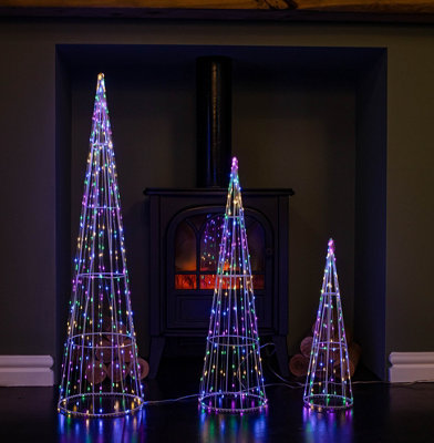 Set of 3 Light up White Metal Dewdrop Christmas Cone Trees with Multi-Coloured LEDs