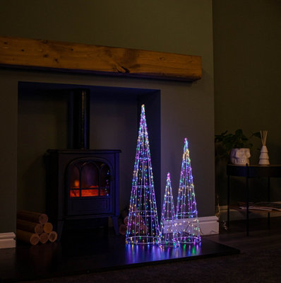 Set of 3 Light up White Metal Dewdrop Christmas Cone Trees with Multi-Coloured LEDs