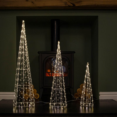 Set of 3 Light up White Metal Dewdrop Christmas Cone Trees with Warm White LEDs