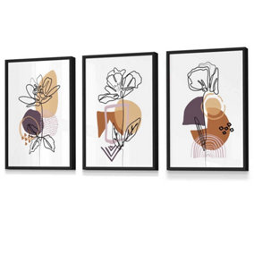 Set of 3 Line Art Flowers on Purple Orange Boho Shapes Wall Art Prints / 30x42cm (A3) / Black Frame
