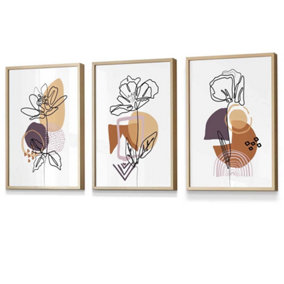 Set of 3 Line Art Flowers on Purple Orange Boho Shapes Wall Art Prints / 30x42cm (A3) / Oak Frame