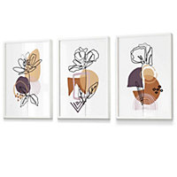 Set of 3 Line Art Flowers on Purple Orange Boho Shapes Wall Art Prints / 30x42cm (A3) / White Frame