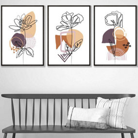 Set of 3 Line Art Flowers on Purple Orange Boho Shapes Wall Art Prints / 42x59cm (A2) / Black Frame