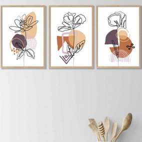 Set of 3 Line Art Flowers on Purple Orange Boho Shapes Wall Art Prints / 42x59cm (A2) / Oak Frame