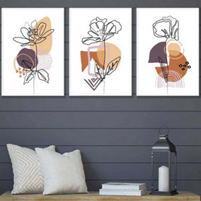 Set of 3 Line Art Flowers on Purple Orange Boho Shapes Wall Art Prints / 42x59cm (A2) / White Frame