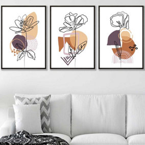 Set of 3 Line Art Flowers on Purple Orange Boho Shapes Wall Art Prints / 50x70cm / Black Frame