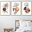 Set of 3 Line Art Flowers on Purple Orange Boho Shapes Wall Art Prints / 50x70cm / Oak Frame
