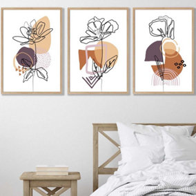 Set of 3 Line Art Flowers on Purple Orange Boho Shapes Wall Art Prints / 50x70cm / Oak Frame