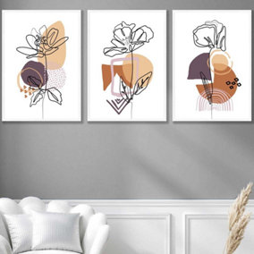 Set of 3 Line Art Flowers on Purple Orange Boho Shapes Wall Art Prints / 50x70cm / White Frame