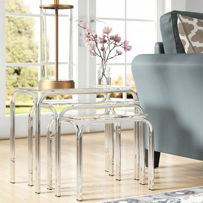 Set Of 3 Lisbon Rectangle Nesting Tables with Clear Glass Chromed Legs