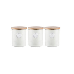 Set of 3 Living Round Container Tea Coffee and Sugar Kitchen Storage Caddy Canister Jars with Bamboo Lid Airtight Cream