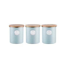 Set of 3 Living Round Container Tea Coffee and Sugar Kitchen Storage Caddy Canister Jars with Bamboo Lid Airtight Duck Egg Blue