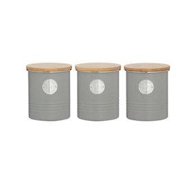 Set of 3 Living Round Container Tea Coffee and Sugar Kitchen Storage Caddy Canister Jars with Bamboo Lid Airtight Grey