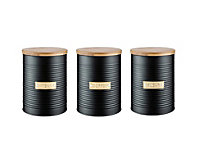 Set of 3 Living Round Container Tea Coffee and Sugar Kitchen Storage Caddy Canister Jars with Bamboo Lid Airtight Otto Black