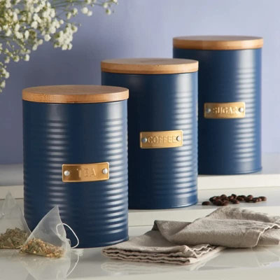 Set of 3 Living Round Container Tea Coffee and Sugar Kitchen Storage Caddy Canister Jars with Bamboo Lid Airtight Otto Navy